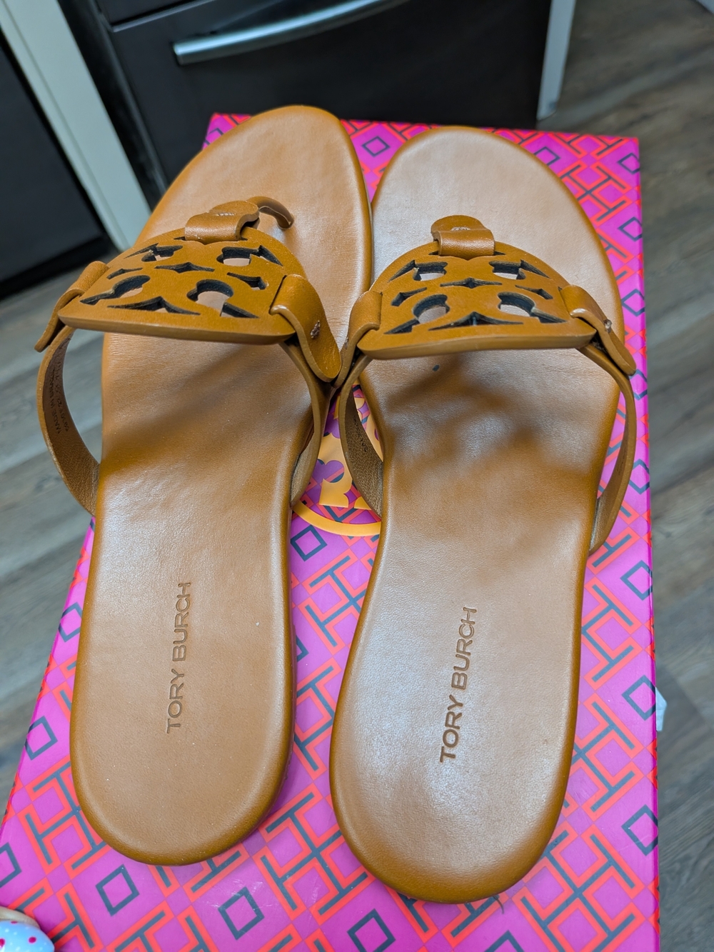 Tory Burch Miller Logo Thong Sandals in Bourbon Brown - Picture 2 of 4